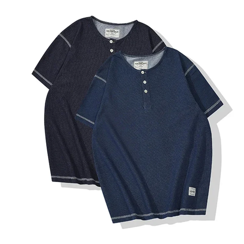 

Джинсовая синяя вязаная футболка Генри Коллора, мужская винтажная эластичная футболка с короткими рукавами с вышивкой сверху, новинка лета 2025 г., однотонная повседневная футболка