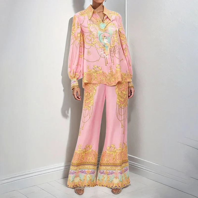 

Весенне-осенние женские брюки в Европе и Америке, рубашка с длинными рукавами и принтом, модный костюм для отдыха, два женских брюк