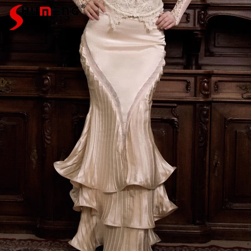 

French Style Satin Long Crumpled Fishtail Skirt Women's Temperament Elegant High-waisted Slimming Skirts 2025 Summer New Clothes