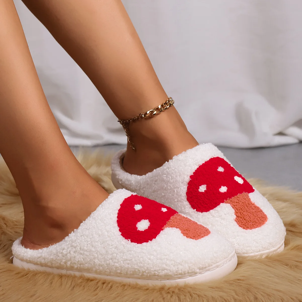 Winter Warm Mushroom Slippers For Woman Home Slippers Cozy Comfortable Style Embroidered Soft Houseshoes Female Shoes Pantuflas