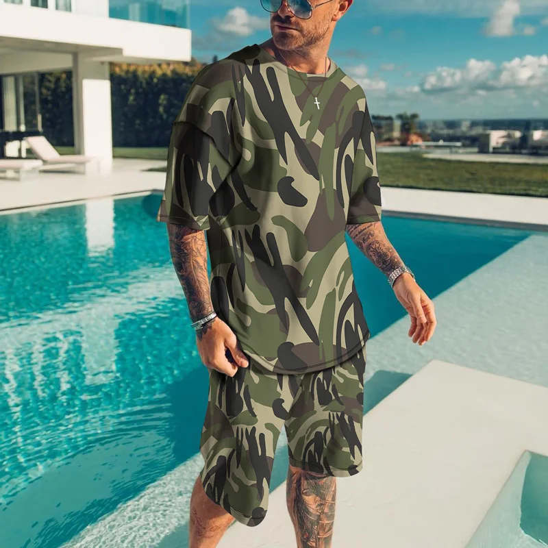 

Men's T-shirt Sets 3D Print Camouflage Tracksuit T Shirts Shorts 2 Pieces New Streetwear Oversized Suits Sportswear Man Clothing