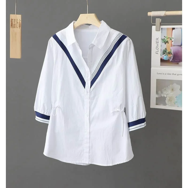 

100% Cotton Shirts for Women Vintage Polo-neck Loose Half Sleeve Casual Korean Style Striped Single Breasted Blouse Women Tops