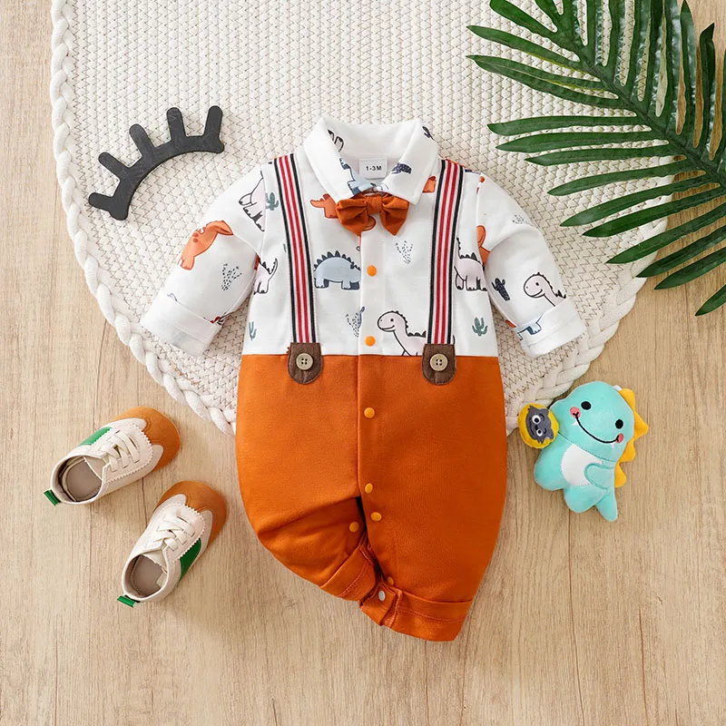 

Newborn Boy Cute Cartoon Full Printed Dinosaur Fake Two Piece Gentleman Spring And Autumn Long Sleeved Earth Yellow Jumpsuit