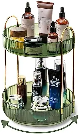 

360° Rotating Makeup Organizer - 2 Tier Green Vanity & Skincare Storage