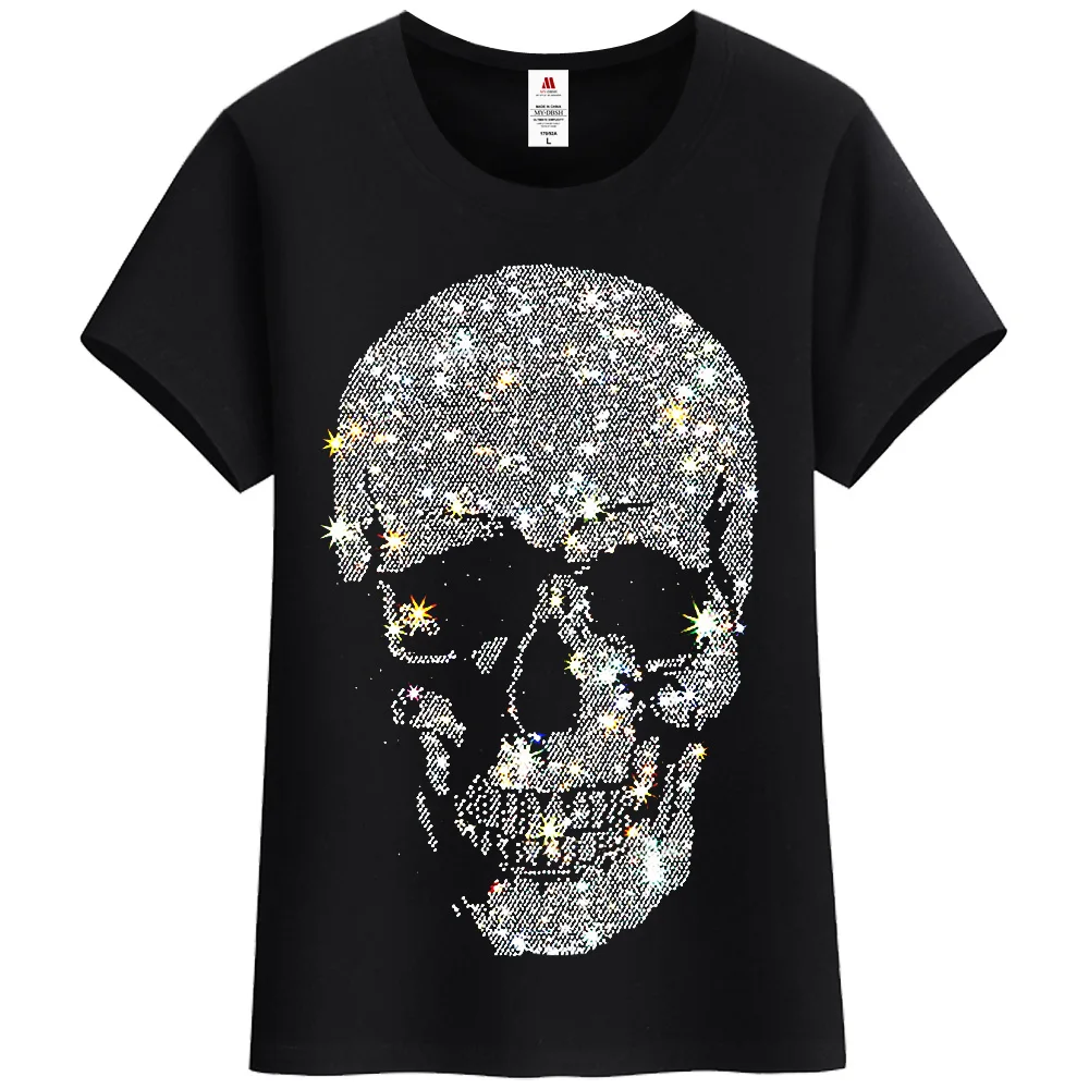 Beautiful Skulls T-shirt Women 2024 Summer Short Sleeve Tops Lady Fashion Streetwear Slim Cotton Tshirts Rhinestone Size S-5XL