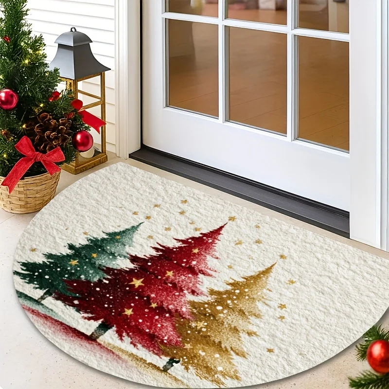 Watercolor Christmas Tree Red Green Gold Star Dot Semi Circle Doormat For Artistic Porch Entr