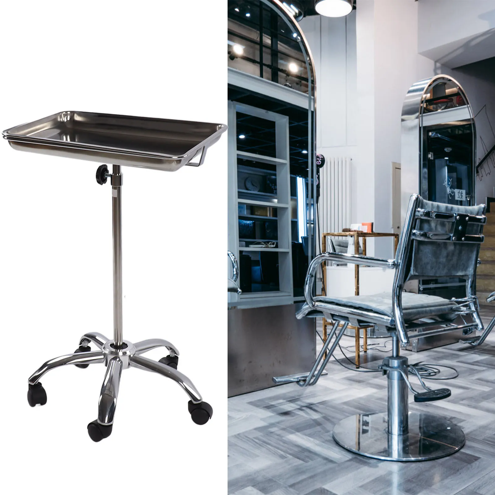 

Salon Tray with Wheels Metal Stainless Steel Liftable Moveable for Medical Hairdresser Instrument