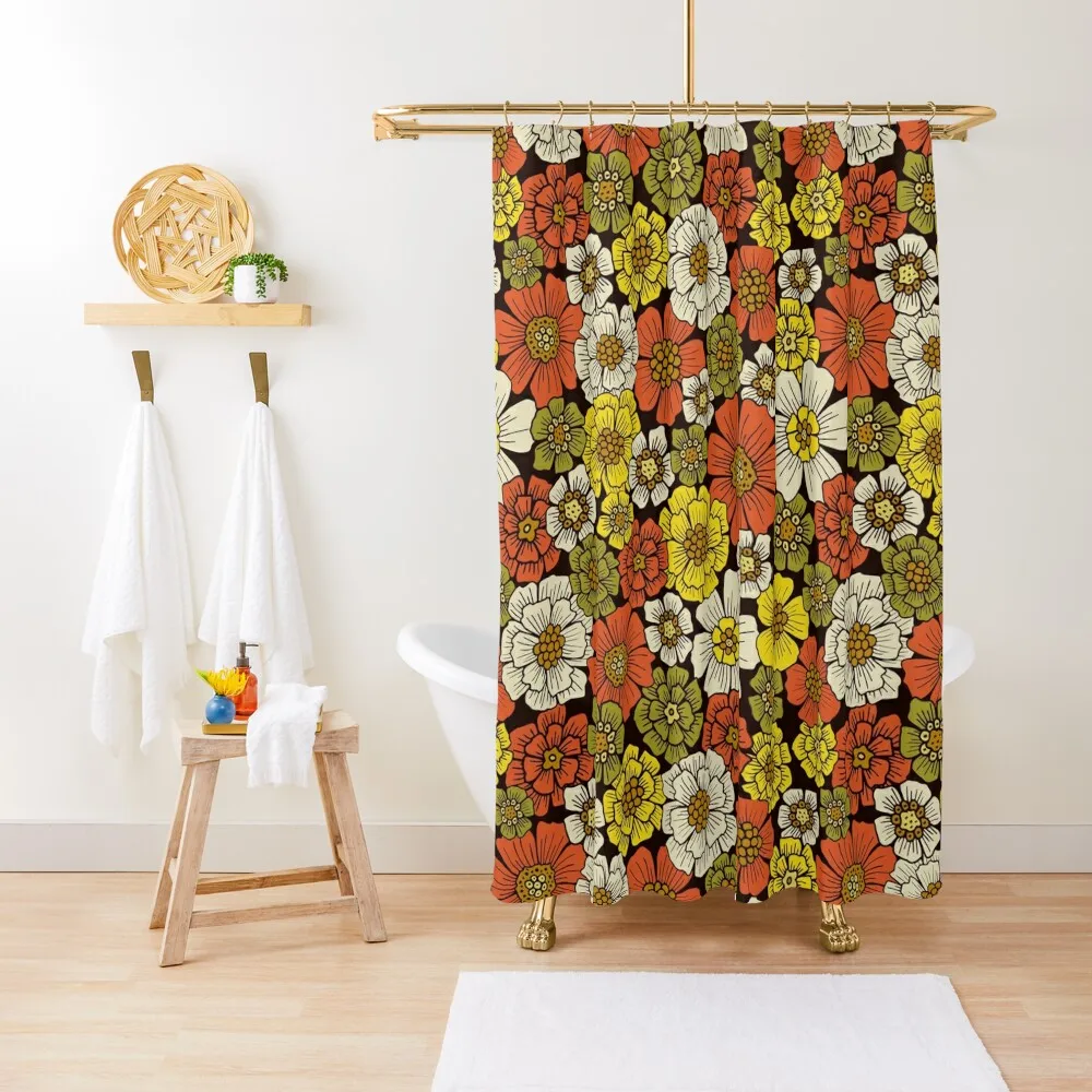 

Retro 1960s 1970s Floral Pattern Shower Curtain Waterproof Fabric Shower Shower Bath Set For Bathroom Curtain