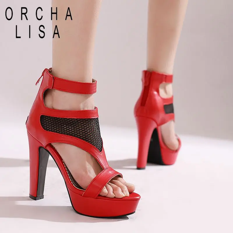 

ORCHA LISA Blue Women Sandals Peep Toe 12cm Block Heel 3.5cm Platform Zipper Sexy Dating Female Shoes Plus Size 46 47 48 49 50