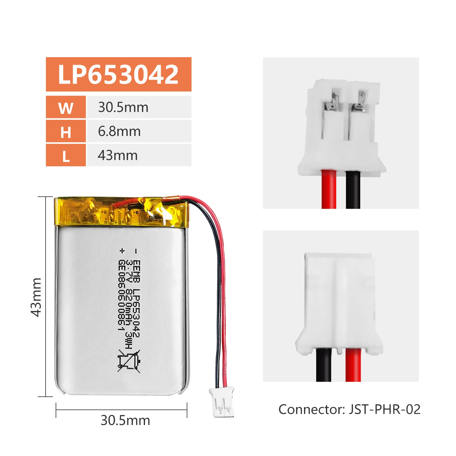 1 ~ 10PCs EEMB lithium polymer battery 3.7V 653042 rechargeable battery lithium-ion polymer battery 820mAh