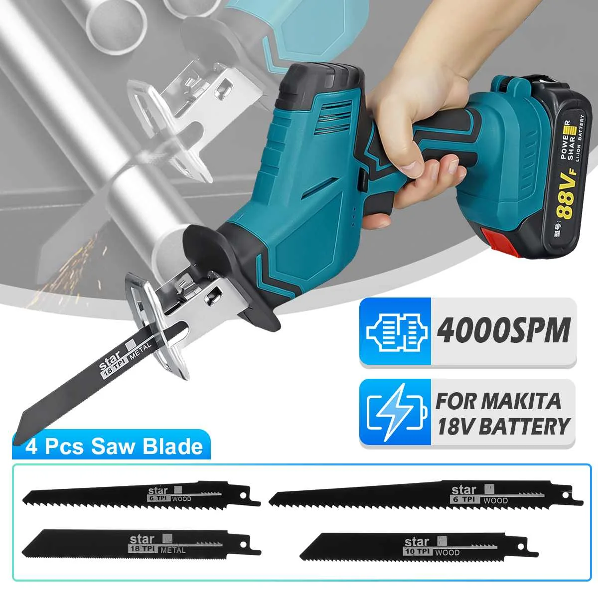 18V Cordless Electric Reciprocating Saw Wood Matal Cutting Power Tool With Li-ion Battery Saw Blade for Makita 18V Battery