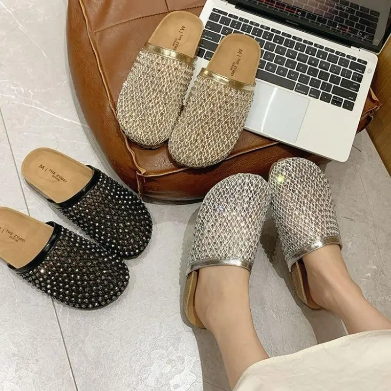 Women Rhinestone Fishnet Toe-Covering Flat Slippers Summer Sandals Hollow-Out Slip-On Lazy Half Mules Shoes