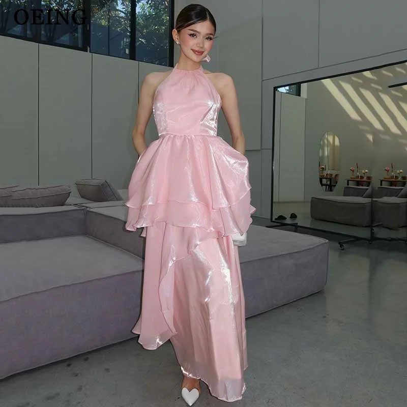 

OEING Modern Princess Pink A-Line Prom Dress Halter Sleeveless Ankle Length Tiered Party Dresses vestidos de fiesta Customized