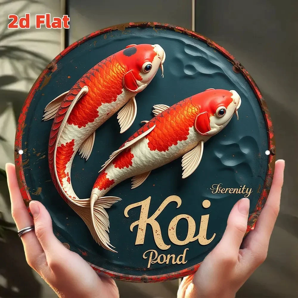 Hd Tin Sign, Koi Pond Tranquility 3D Effect Round Metal Wall Art, Japanese-Style Fish Decoration for Home