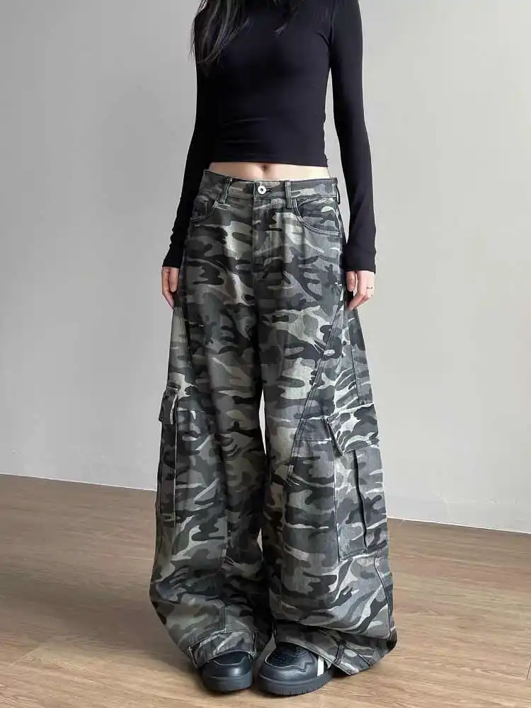 

Women camouflage Jeans Sense design Vintage High Waisted Straight Denim Trouser Y2K American Streetwear Wide Leg Denim Pants ﻿