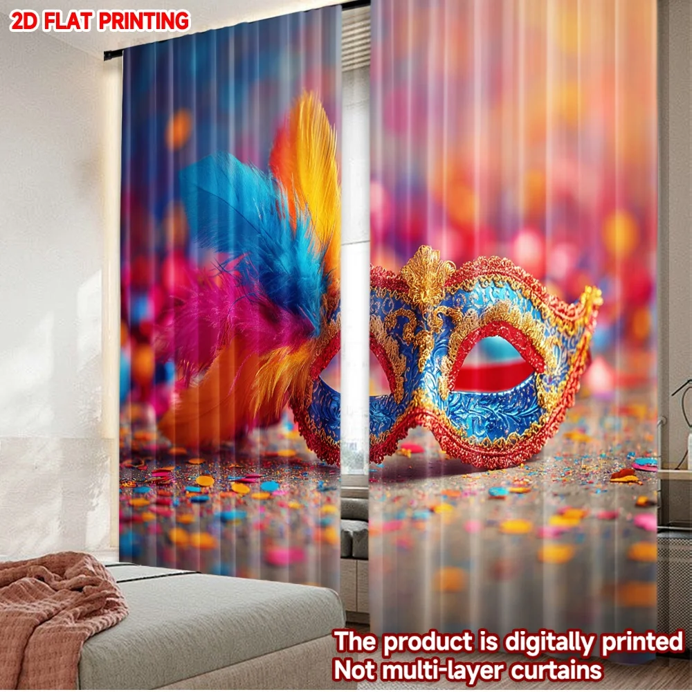 2D flat printing 2pcs Curtain Window Treatment Curtains Carnival Feathered Mask Digital Printed Polyester Drapes Party