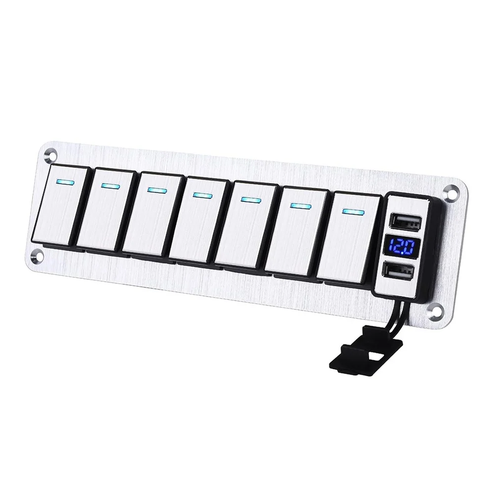 Aluminum Switch Panel Car Rocker Switch Panel 7 Position Switches Built-in Voltmeter 4.8a Fast Charging Scratch Resistant