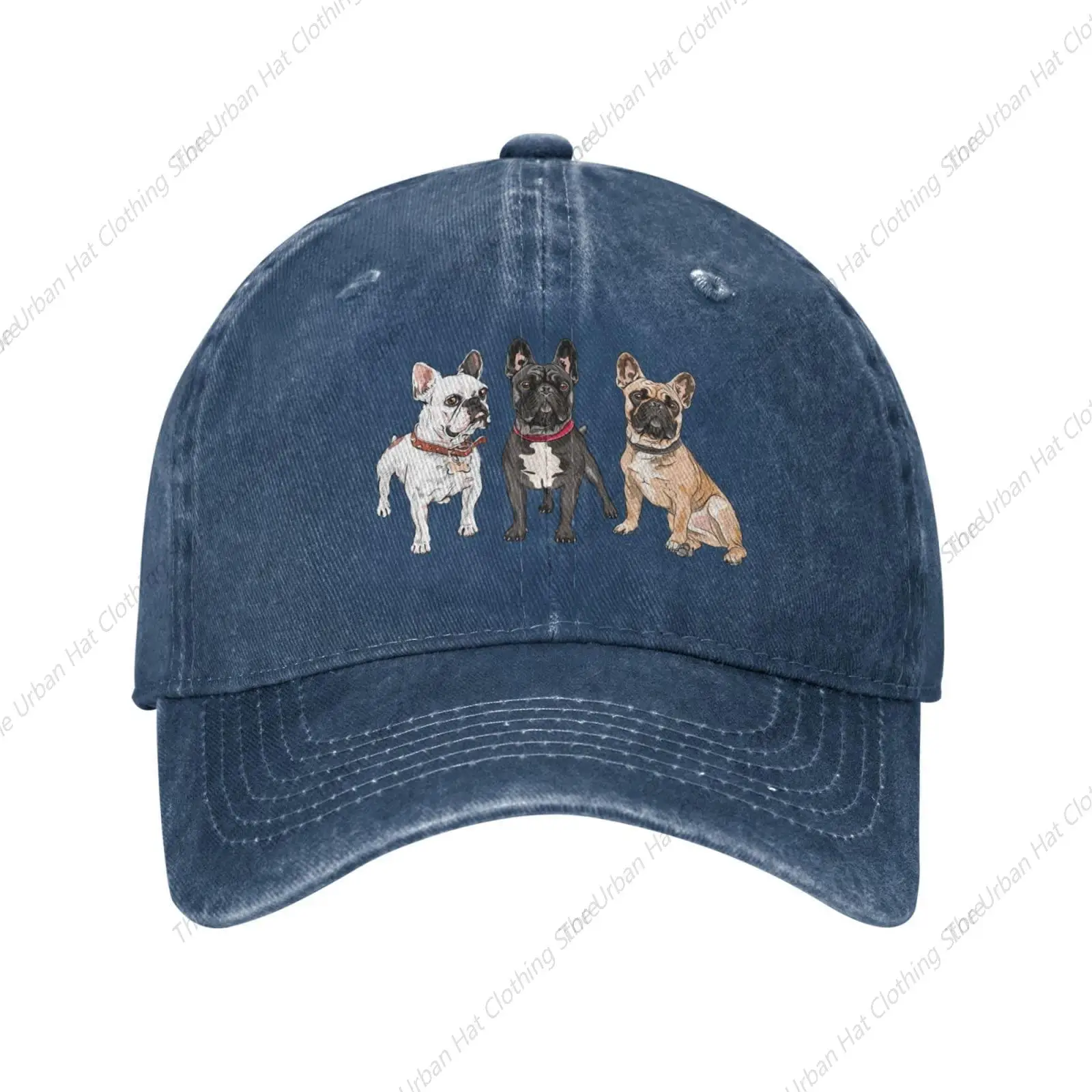 French Bulldog Dogs Vintage Distressed Adjustable Washed Denim Cotton Low Profile Mens Trucker Hat Unisex Baseball Cap