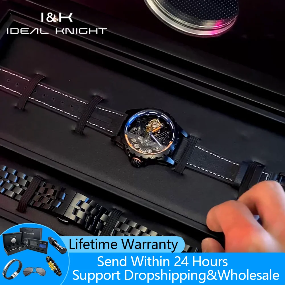 IDEAL KNIGHT 6803 Real Tourbillon Men's Watches Fully Transparent Hollowed Flywheel High-end Luxury Mechanical Man Watch 3 in 1