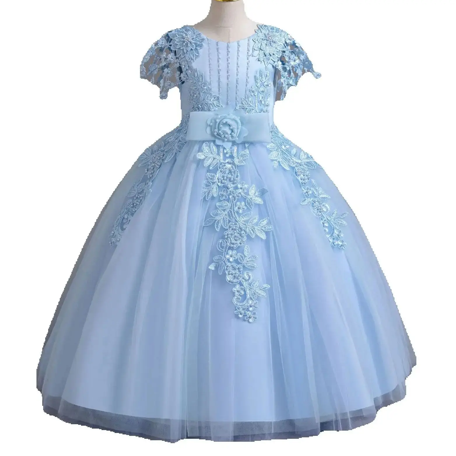 

HETISO Girls Embroidered Flower Long Evening Dress Back Strap Ball Gown for Ages 4-12 Ideal for Weddings And Special Occasions