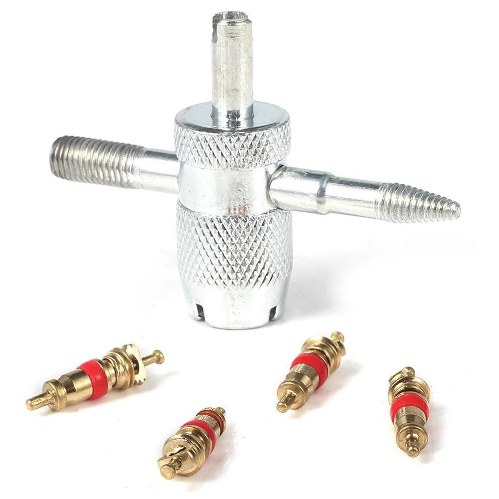 Car Bike 4 Way Tyre for Valve Repair Standard Tire Remover Tool + 4 Stem Cores K Dropshipping