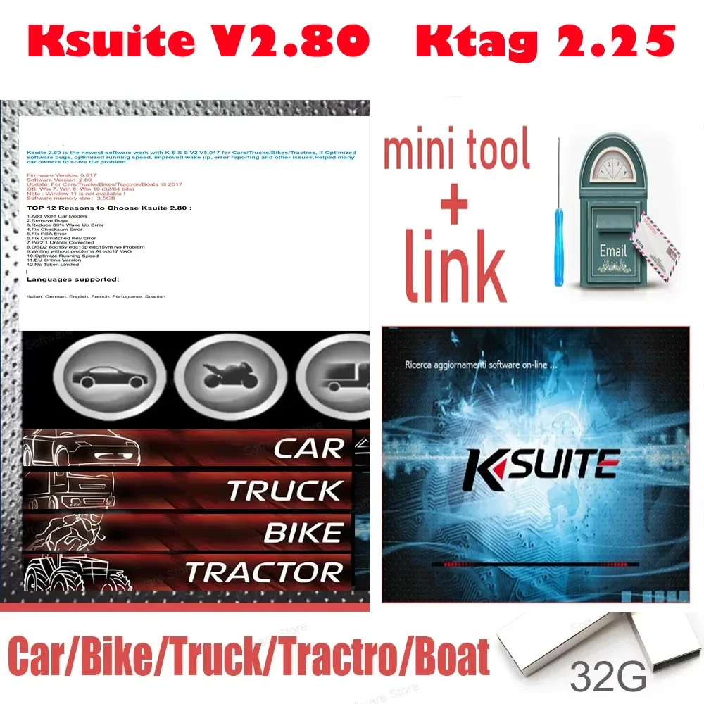 Ksuite 2.80 يعمل مع أداة مبرمج KESS V2 V5.017 ECU لسيارة شاحنة دراجة جرار قارب إصلاح RSA خطأ برنامج تشخيص السيارات