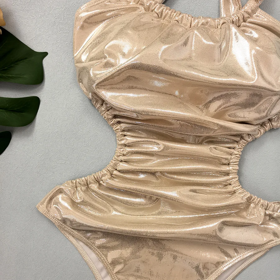 Sexy metallischer Champagner-Badeanzug, einteilig, faltiger Rücken, Krawatte, Bikinis, Bademode, Badeanzüge, Strand-Outfits, Bodysuit, Biquini, Tankini