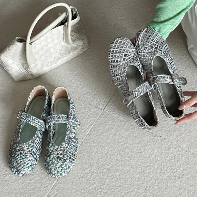 

Aneikeh 2026 Spring Concise Designer Cane Flats Women's Round Toe Lightweight Dancing Ballet Mary Jane Shallow Ladies Shoes