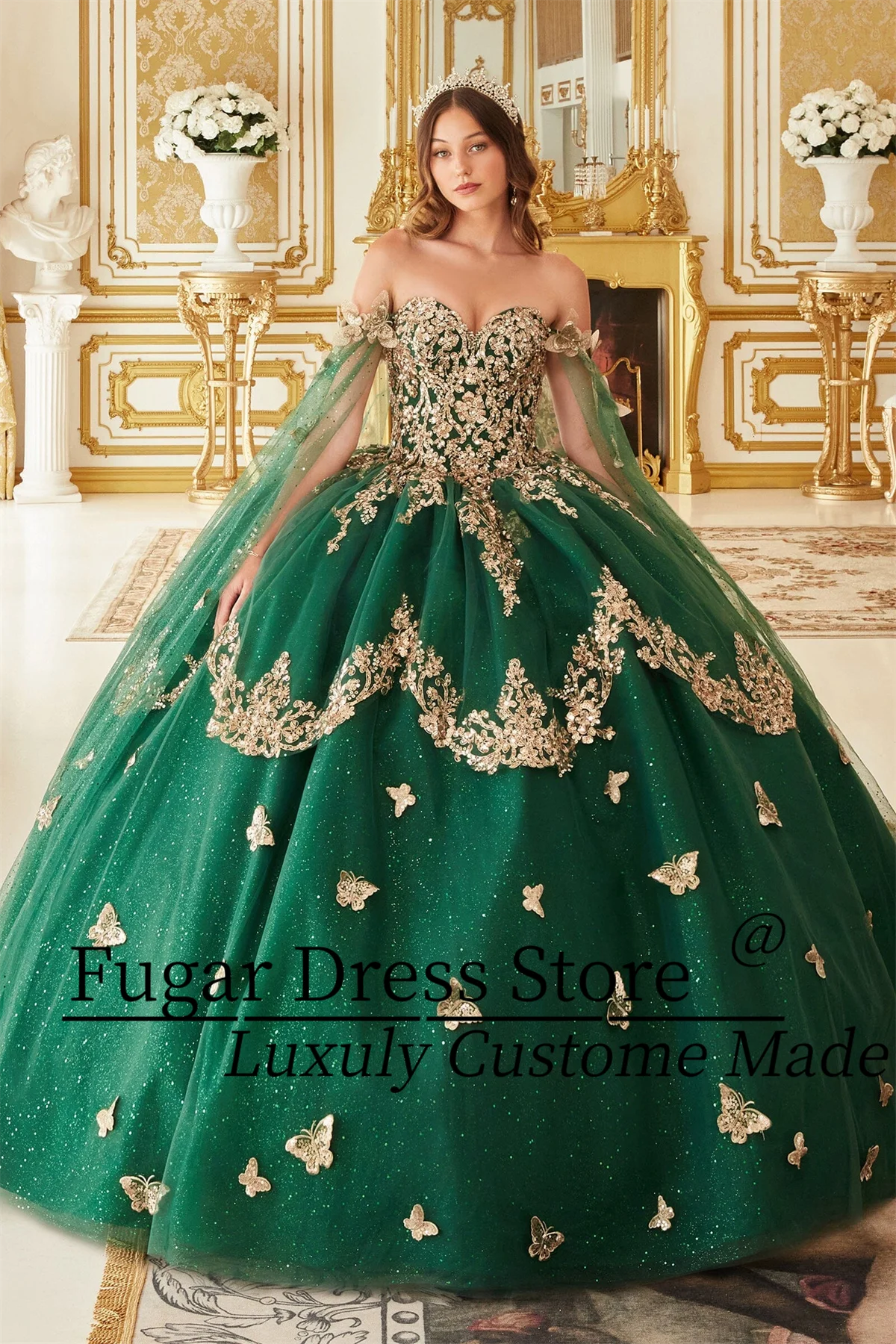 

Изумрудно-зеленые платья Quinceanera с 3D наклейкой-бабочкой, длинное платье без бретелек с накидкой и рукавами, съемные платья-накидки, платья Para Niñ