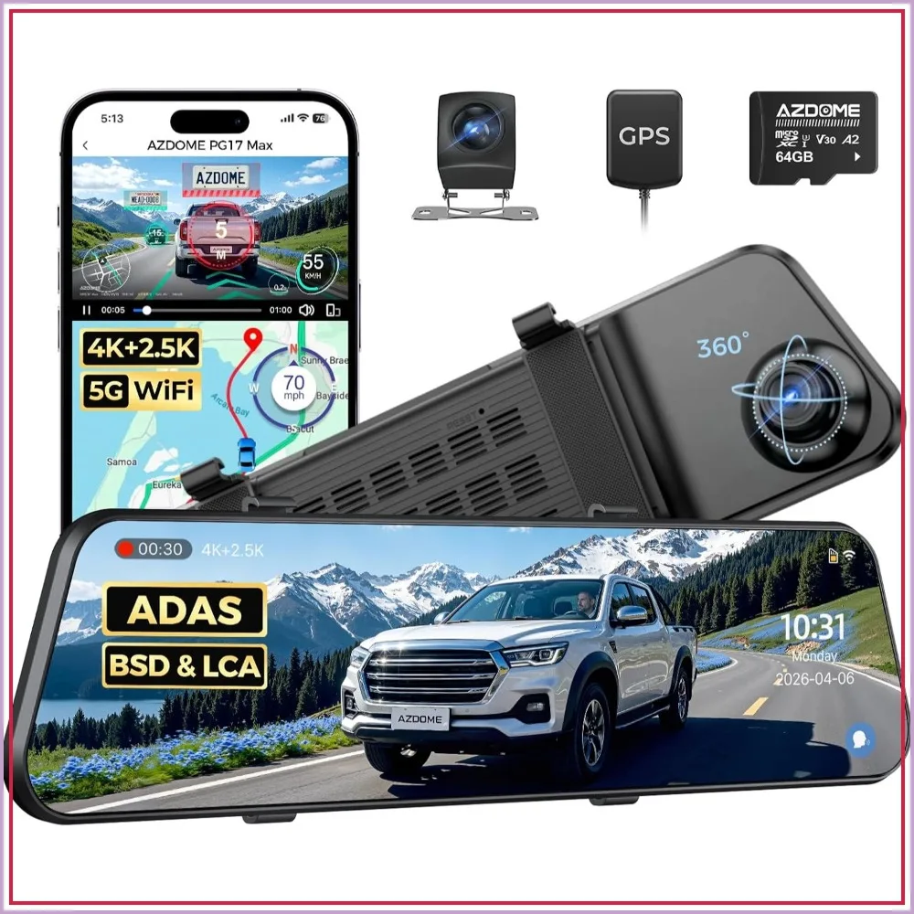 12" 4K+2.5K Mirror Dash Cam, Front & Rear, Night Vision, ADAS BSD LCA, Voice Control, 5.8GHz WiFi GPS, 24H Parking, 64GB Card