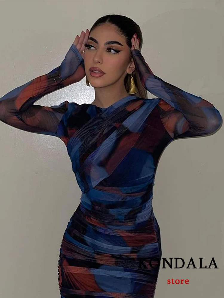 KONDALA Vintage Tie Dye Slim Chic Women Suit Long Sleeve O-Neck Short Top+Long Sheath Pleated Skirt Fashion 2022 Female Sets