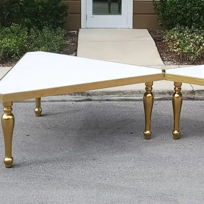 

Wedding rental mirror glass golden stainless steel triangular dining table