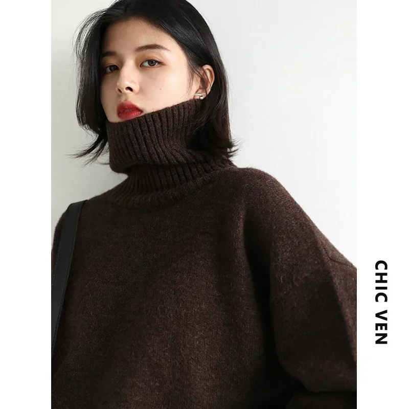 CHIC VEN Korean Women\'s Sweater Loose Turtleneck Sweaters Warm Solid Pullover Knitwear Basic Female Tops Autumn Winter 2022