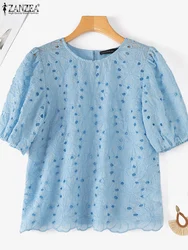ZANZEA Women Openwork Embroidery Blouses Casual Loose Short Puff Sleeve O Neck Blusas Mujer 2025 Summer Trendy Solid Smock Tops