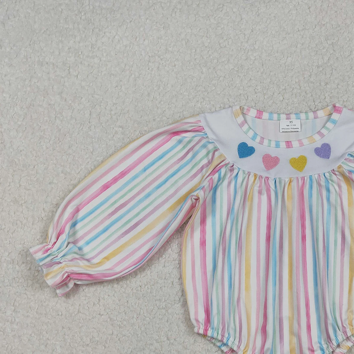 11.11 Embroidery Hearts Baby Girls Colorful Stripe Valentine Ruffle Rompers