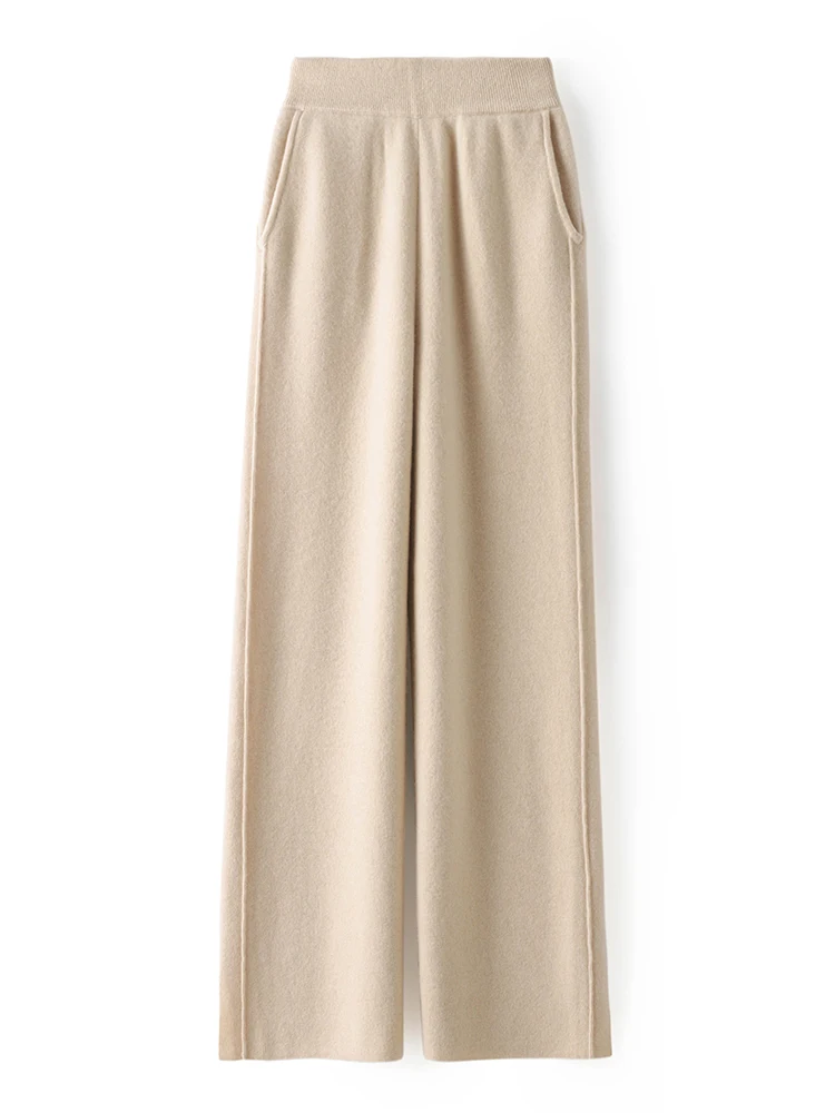 Women's 100% Pure Wool Pants Soild Wide Leg High Waisted Loose Straight Floor Length Casual Knitted Daily Commuting Look Slimmer