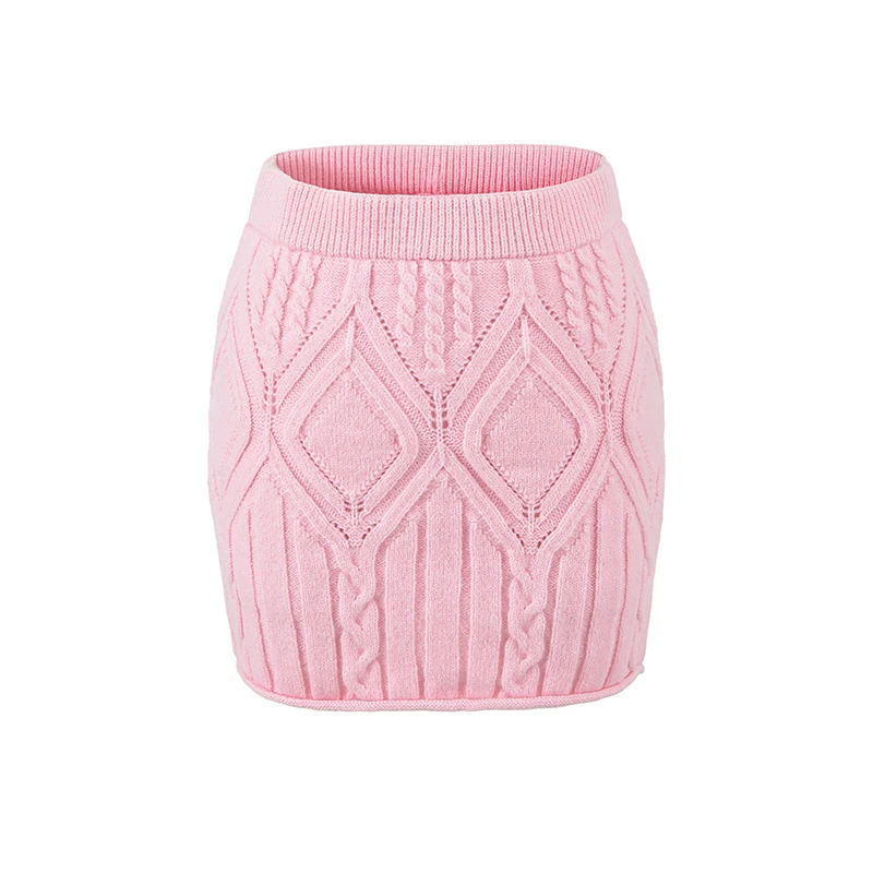 Female Sweet Style Cable Knit Mini Skirt Pink High Waist Slim Fit Wrap Hip Bodycon Pencil Short Skirts for Daily Dating