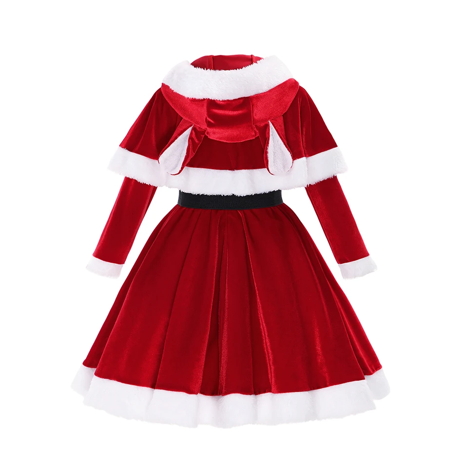 Christmas Dress Girl For Carnival Party 2 Piece Dress+Cloak Cute Bunny Ear Red Velvet Santa Claus Costume Long Sleeve Elk Xmas