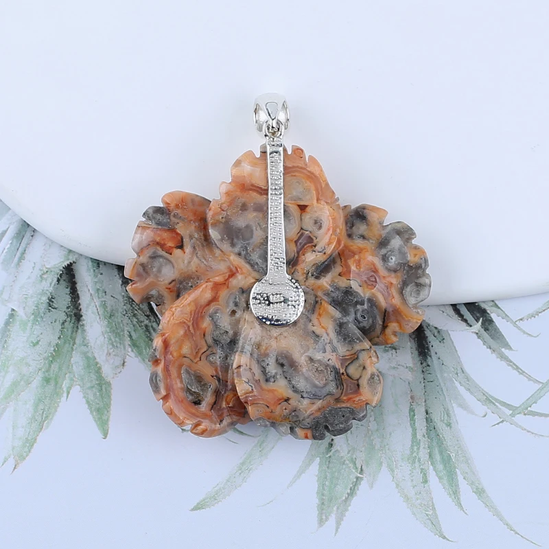 Natural Gemstone Crazy Lace Agate Handcarved Flower Pendant,925 Sterling Silver Jewelry Necklace Accessories,46x7mm,22g