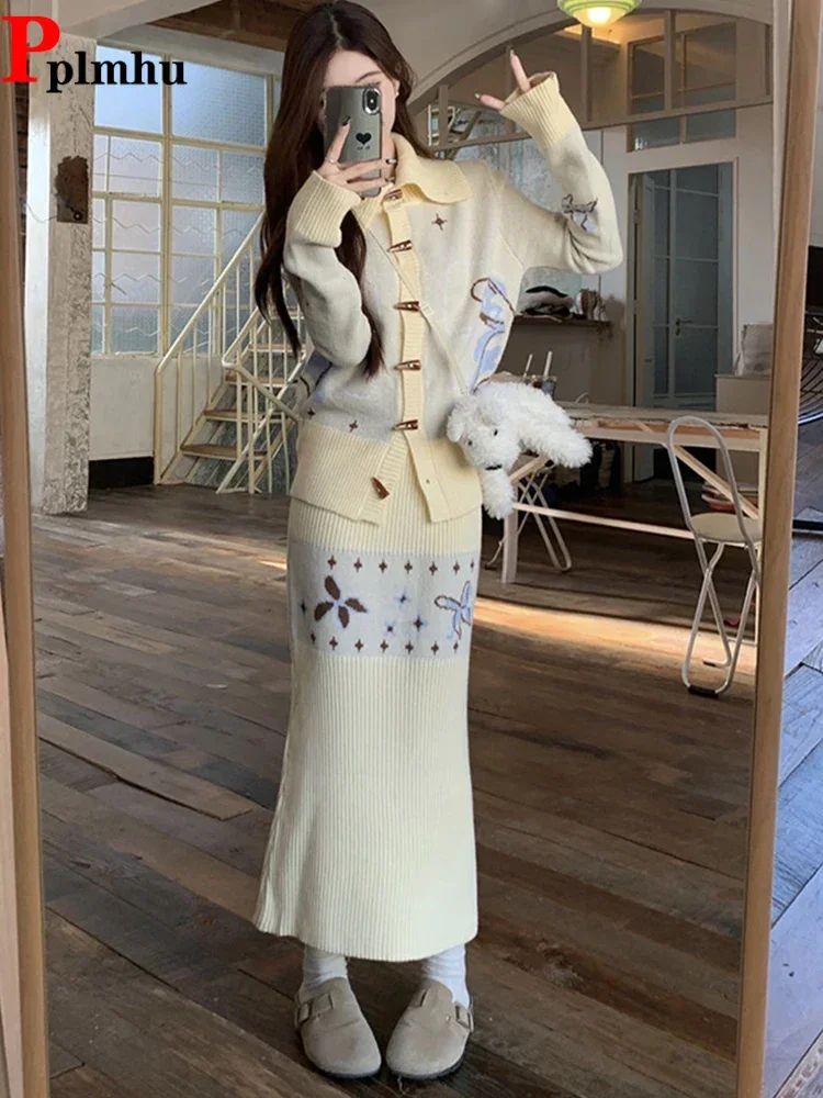 

Vintage Slim Women Knitted 2 Piece Sets Korea Elegant Strecth Skirts Ensembles Horn Button Lapel Cardigan Coats Tops Conjunto