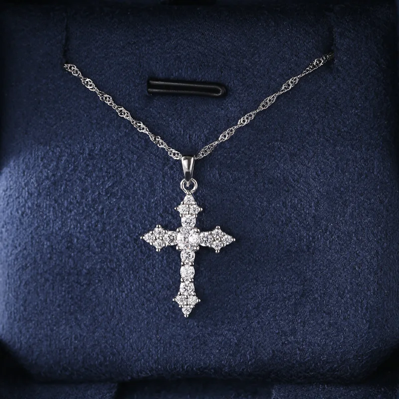 

New Shiny Crystal Zircon Cross Pendant Necklace for Women Punk Silver Plated Thin Chain Necklace Party Jewelry Birthday Gift