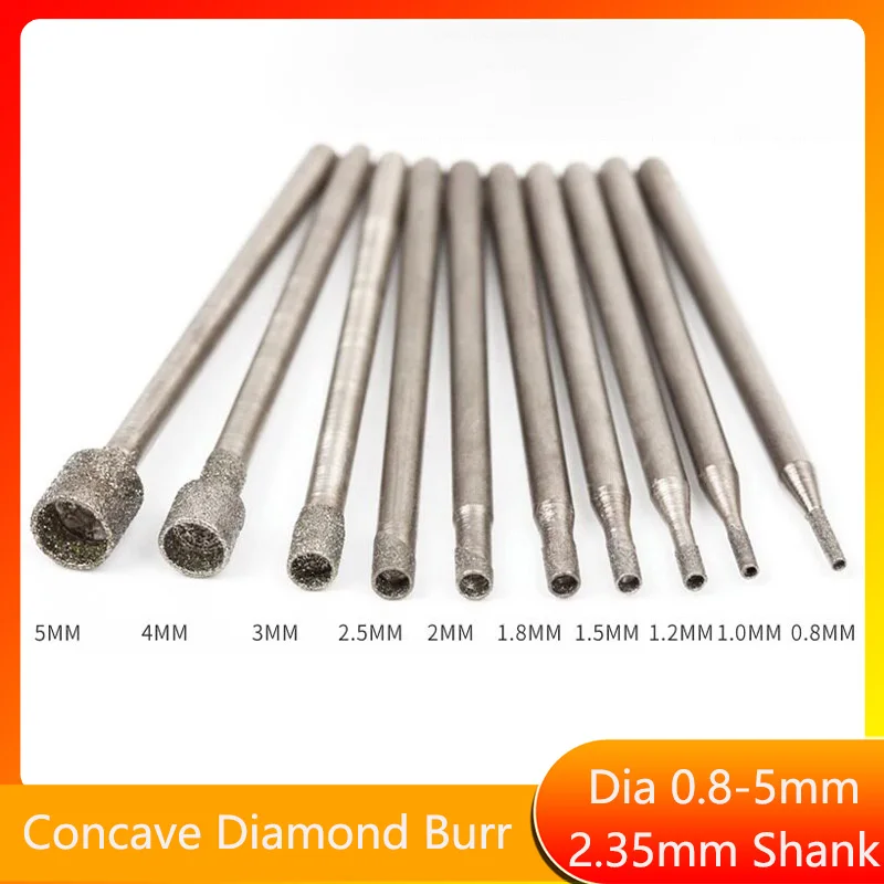 Dia0.8-5mm Hollow Cup Shape Diamond Burr Concave Burr Needle Polishing Abrasive 2.35mm Shank Stone Carving Bits for Rotary Tools