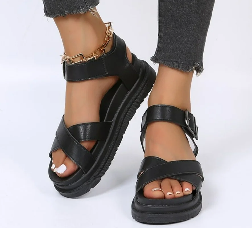 Zapatos de cuña plana con punta abierta para mujer, Sandalias de playa sexys de cuero PU, talla grande, Verano