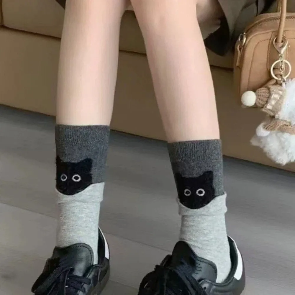 

Cute Breathable Mid-Tube Socks Color Blocking Korean Style Cat Socks Comfortable Cartoon Women Socks Warm