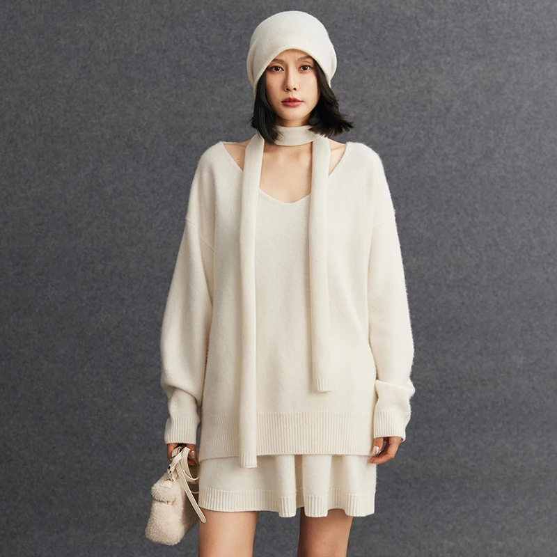 100% Goat Cashmere Sweater Women V-Neck Pullover Autumn Winter Solid Long Sleeve Thick Soft Cashmere Knitted Loose Clothing Top