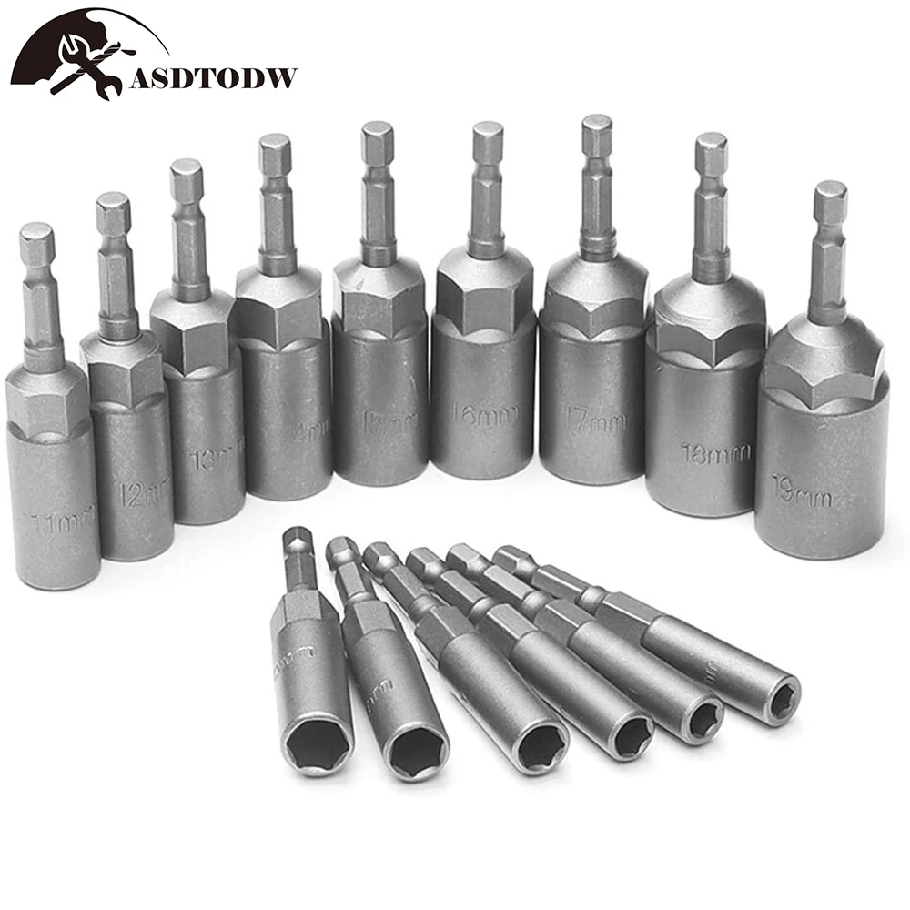 5/10/15Pcs 80mm Length Deepen Power Nut Driver Drill Bit Set 5.5-19MM Impact Socket Adapter for Power Tools 6.35MM Hex Shank