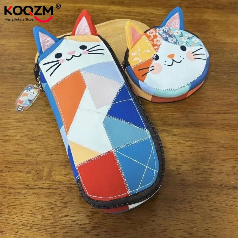 Cloth Cat Pencil Case Patchwork Japanese Style Cartoon Pen Bag Multifunctional Color Block Stationery Storage Bag Office