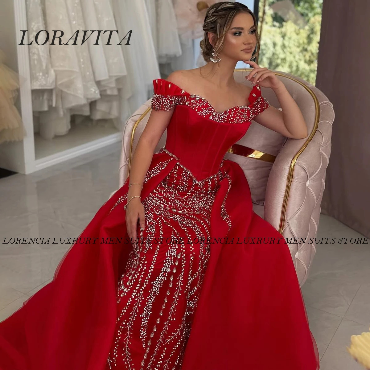 Angepasst Diamant Angepasst Perlen Lange Meerjungfrau Abendkleider Perlen Kleider Von Schulter Open Back Robe vestidos de gala