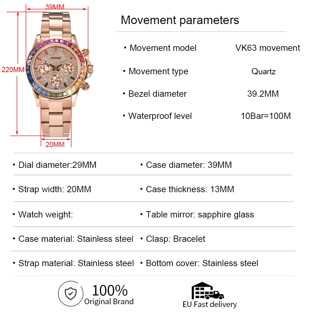 Oumashi 39mm VK63 Movement watches Rainbow Watch Panda Three Eye Quartz Watch Sapphire Stainless Steel Waterproof Timing Code