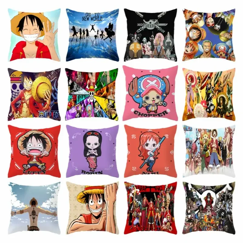 Funda de almohada de Anime de una pieza, cubierta de cojín de 45x45cm, Luffy, a la moda, para decoración del hogar, sofá y oficina